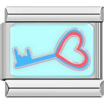 Key with a heart-shaped bow in blue and pink outline on a light mint background.
